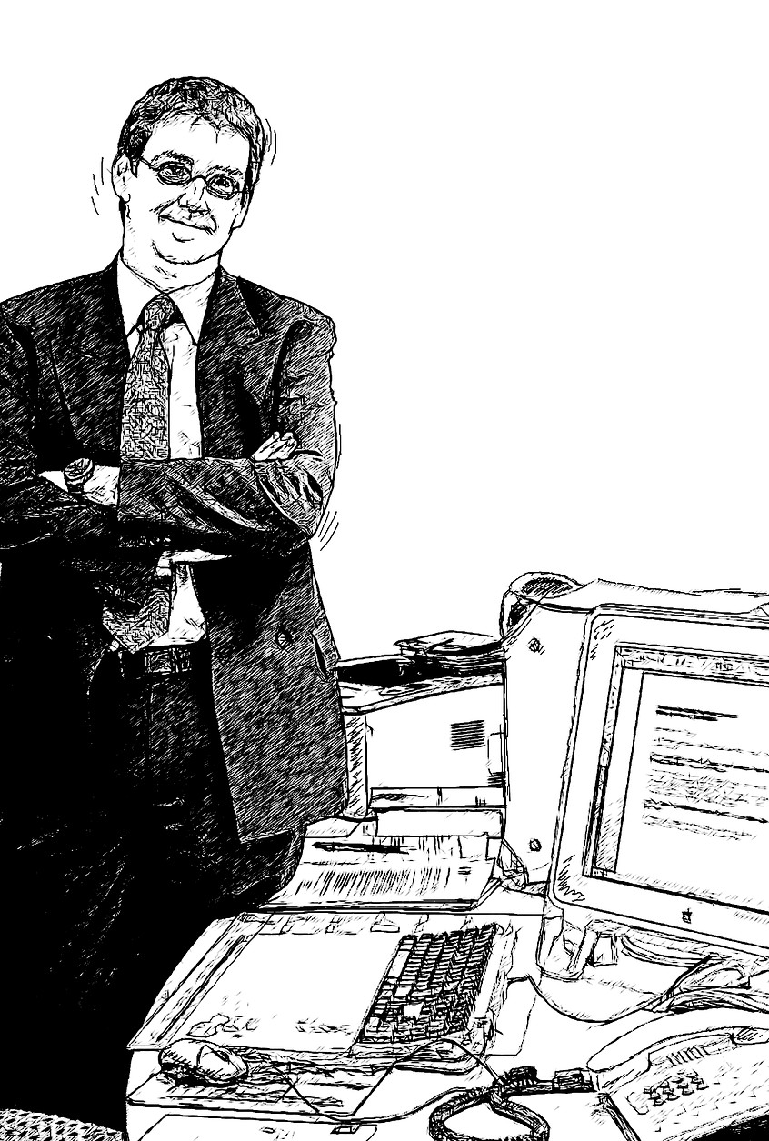 A black and white sketch of a man in an office with a computer and documents